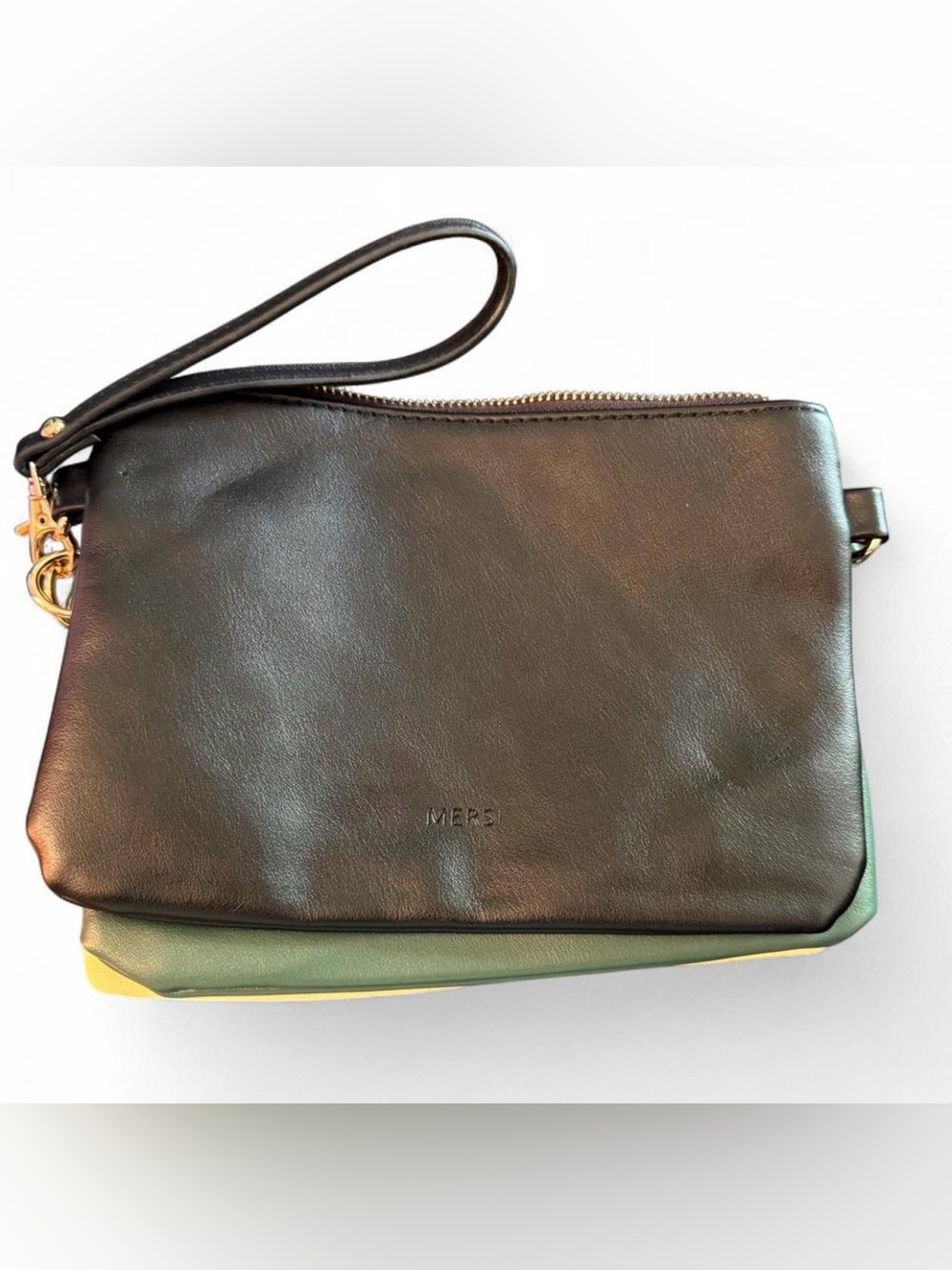 MERSI triple wristlet vegan leather with black, green and soft yellow clutches.